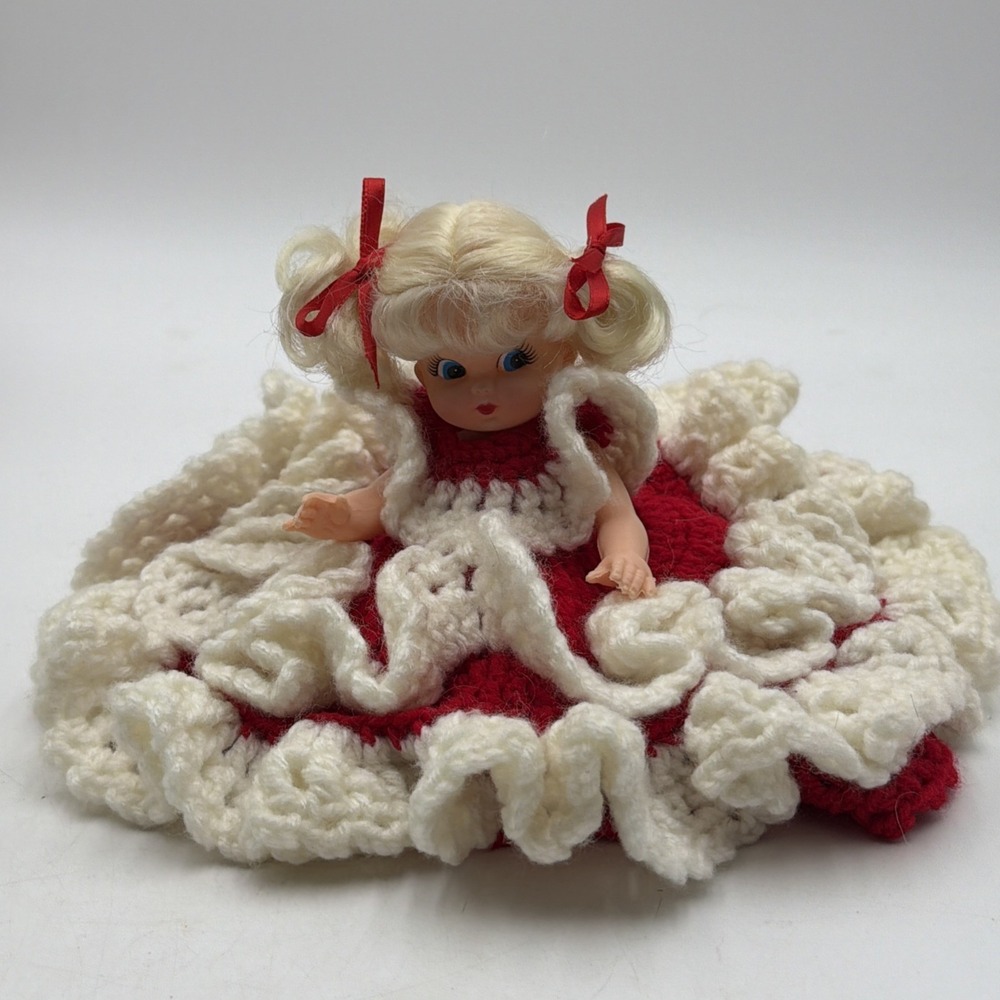 Vintage Rare Fibre-Craft Materials Bed Doll Blue Eyes Hand Crochet Dress Cute!